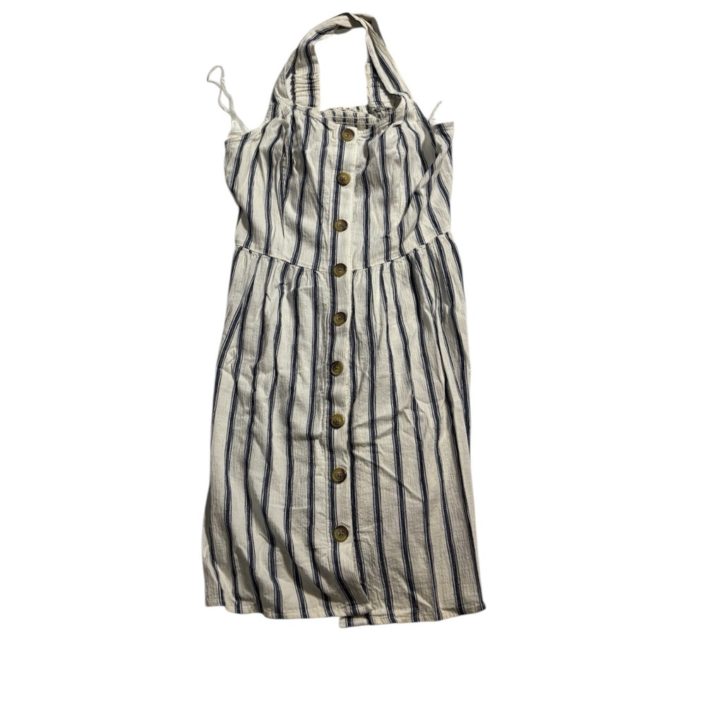 SO Striped Button-Front Crisscross Strapped Dress in White and Navy